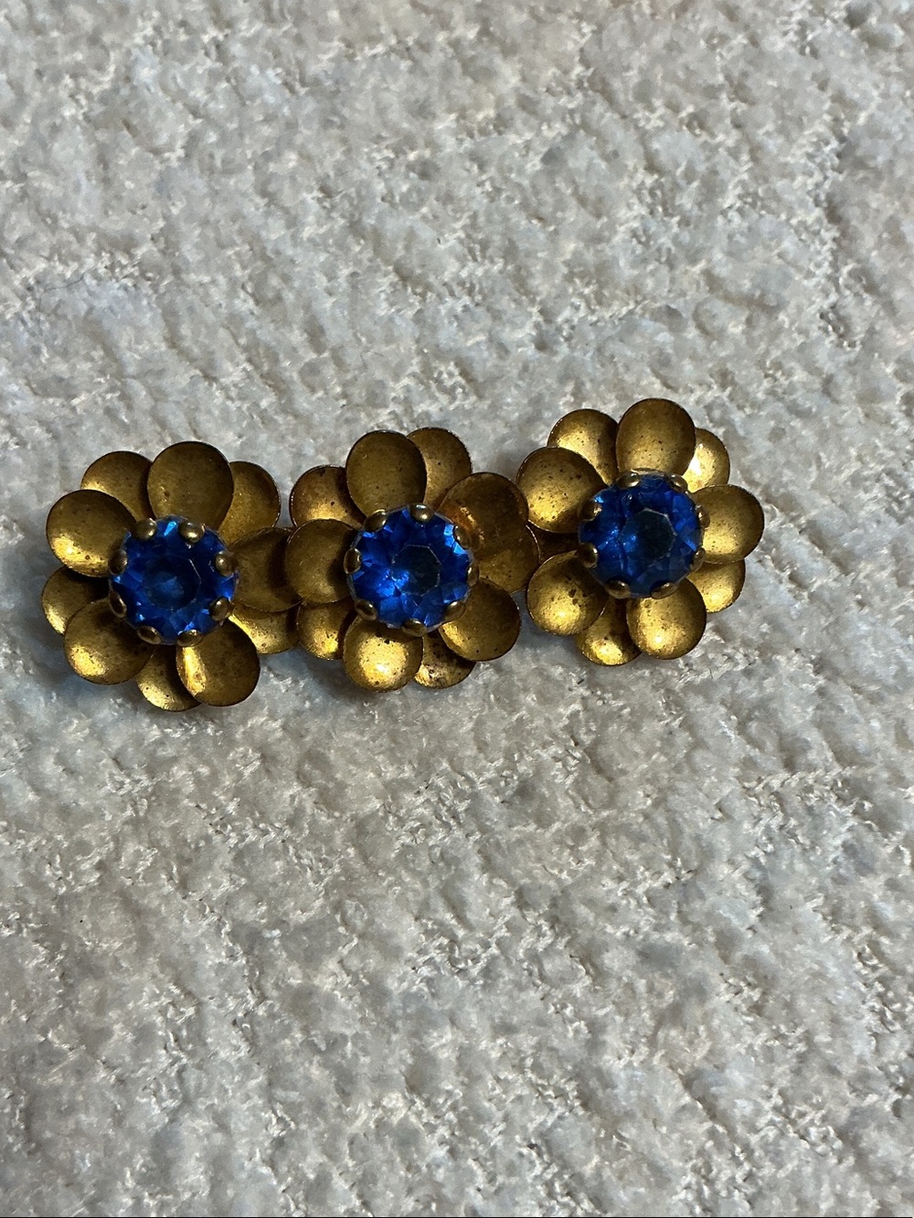 Vintage Gold Floral Brooch with Blue Crystal Centers